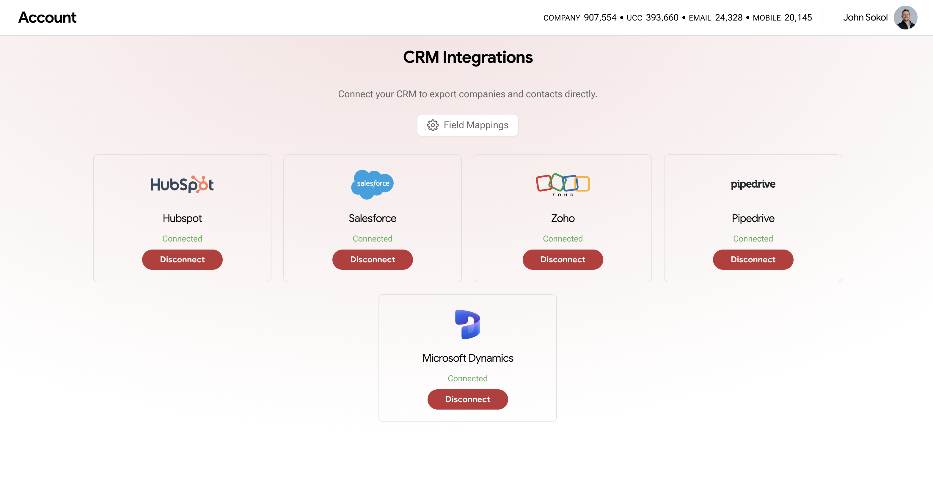 LeadX CRM integrations dashboard showing connected HubSpot, Salesforce, Zoho, Pipedrive, and Microsoft Dynamics integrations