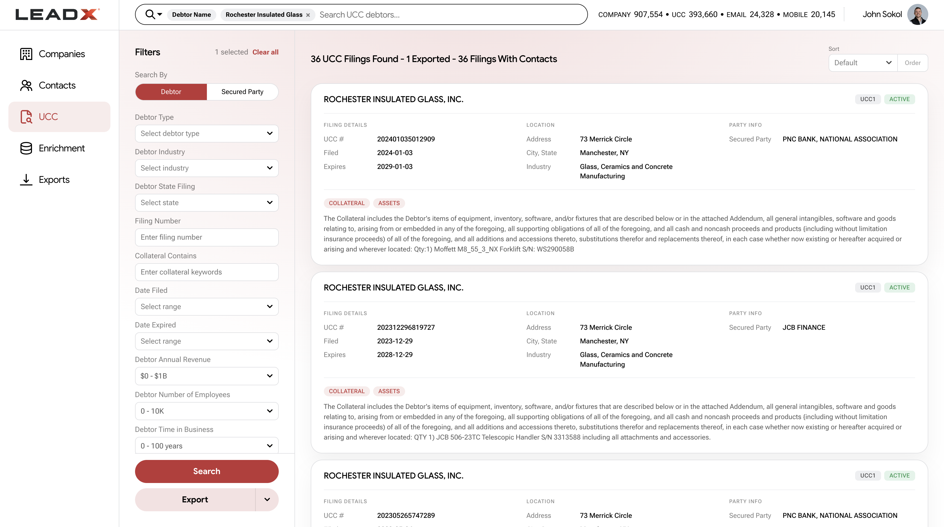 LeadX UCC platform search results for Rochester Insulated Glass